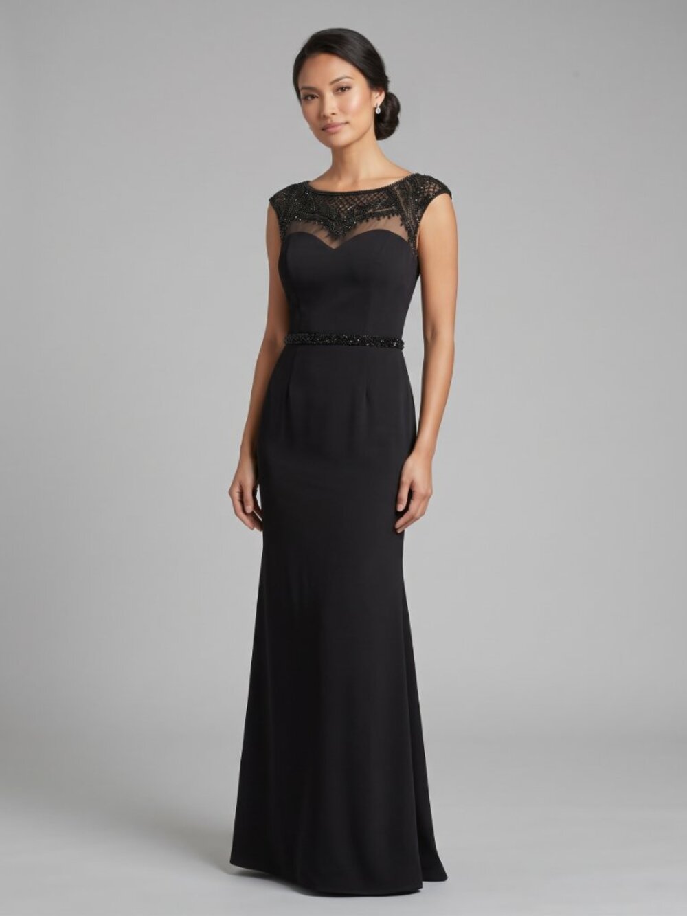 Cameron Blake Mon Cheri Black Beaded Illusion Neckline Maxi Evening Gown Size 6